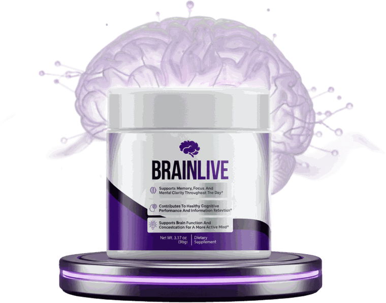 BrainLive gut-brain memory powder jar with a brain illustration